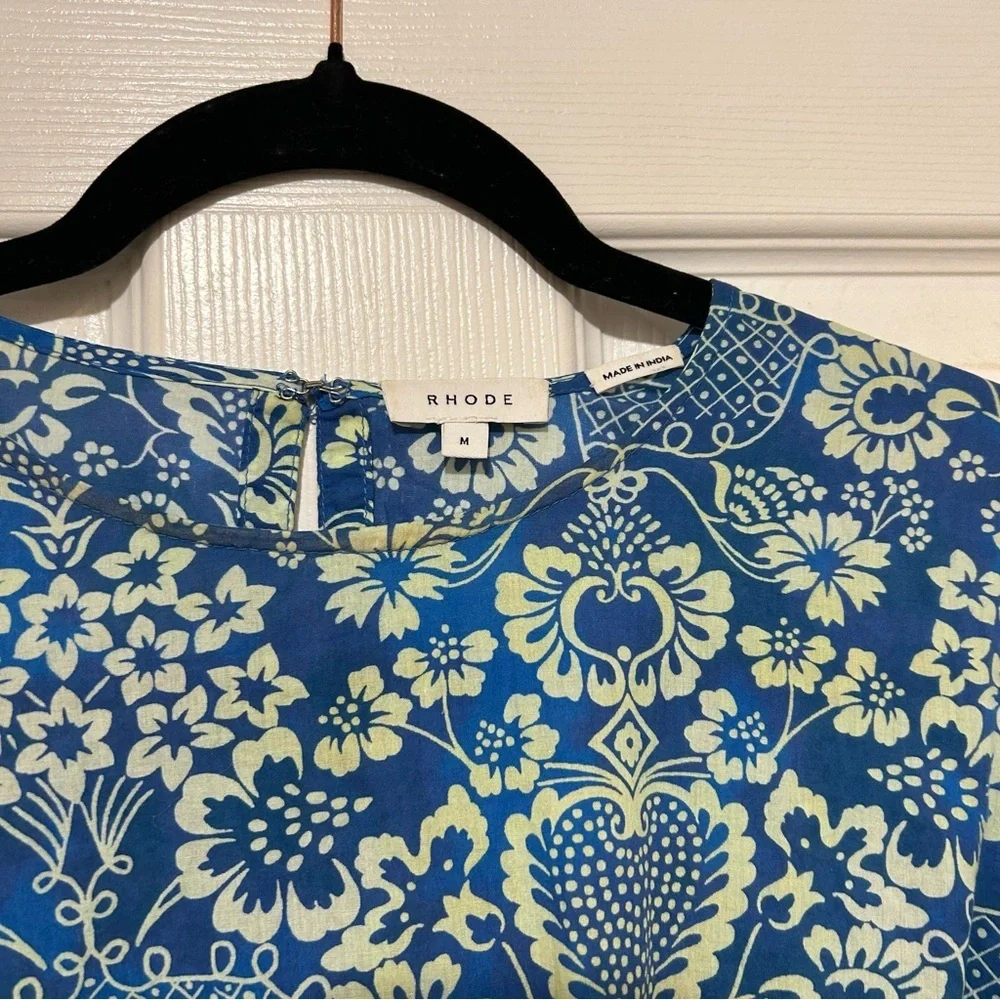 RHODE Floral Print Dress Blue Cream Feminine Ruffle Cotton Beach Vacation Sz Med